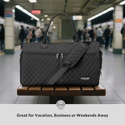 STOVER Women’s Convertible Garment Duffel Bag for Travel – 2-in-1 Carry-On Weekender/Overnight Tote - Wrinkle-Free Dresses, Suits & Clothes + Shoe Compartment & Bonus Toiletry Bag (Onyx Black) - color: Onyx Black