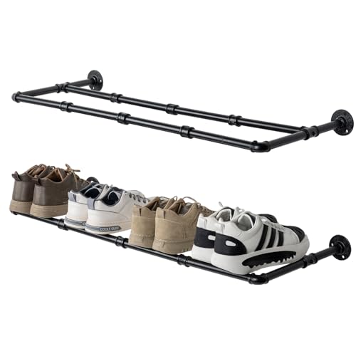 MyGift Industrial Matte Black Metal Pipe Hanging Shoe and Boot Rack Organizer Shelf, Wall Mounted Space Saving Footwear Storage Shelves for Closet, Mudroom, Entryway, Set of 2, Holds 8 Pairs - size: 35 Inch