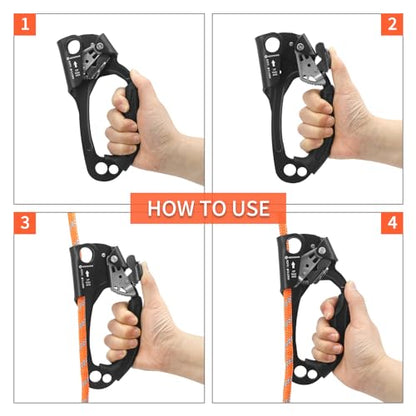 UIAA & CE Certified Hand Ascender Rock Climbing Tree Arborist Rappelling Gear Equipment Rope Clamp for 8~13MM Rope - color: Black Pro-Right
