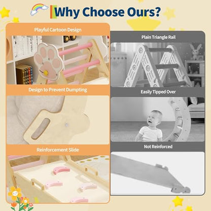 OUTLANE Pikler Triangle Set, 7-in-1 Foldable Wooden Toddler Climbing Toys Indoor, Jungle Gym for Toddlers, Large Montessori Climbing Set with Reversible Slide, Arch Ramp, Ladder & Cushion (Pink) - color: Pink