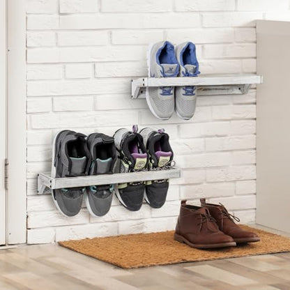 MyGift Set of 4 Shabby White Washed Solid Wood Hanging Shoe Storage Organizer Racks, Wall Mounted Space Saving Footwear Holder for Closet, Mudroom, Entryway, Holds 8 Pairs - color: Whitewashed