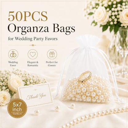 ANZNKU 50PCS Organza Bags 5 x 7, White Small Gift Mesh Bags Drawstring Bulk | Sheer Goodie Pouches for Wedding Candy Party Favors Baby Bridal Shower&Halloween, Jewelry Treats Sachet Soap Makeup Gift Wrap - color: White