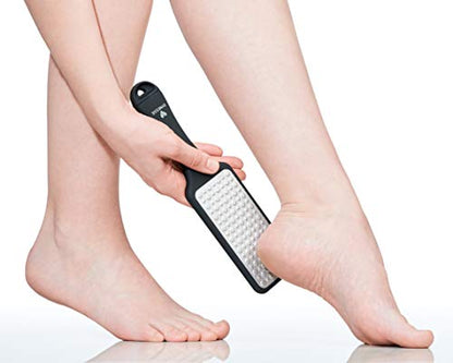 Foot File. Best Premium Pedicure Foot Rasp and Callus Remover. 3-in-1 Tool. Removes Hard Skin. No Risk of Injury. Stainless Steel. Ergonomic Handle. Washable. Works on Both Wet and Dry Feet.