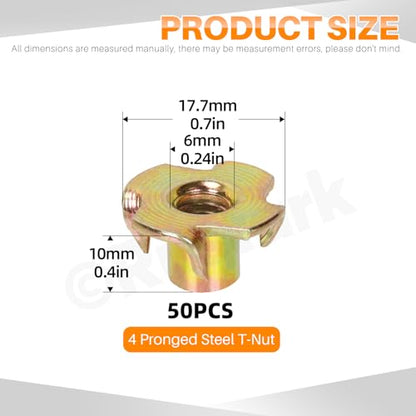 50Pcs M6x10mm Yellow Zinc Four-jaw Tee Nuts Assortment Kit Metric T Nut 4 Pronged Tee Blind Nuts Threaded Insert for Wood Furniture Rock Climbing Holds Cabinetry - style: yellow zinc 6x10MM 4-pronged tee nuts
