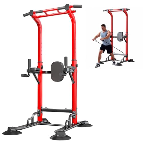 SogesPower Pull Up Bar Station Power Tower,12-Level Adjustable Heights | 66.1" to 94.5"Pull Up Dip Station for Home Gym, Pull Up Bar Stand Dip Bar Strength Training Fitness Equipment - color: Red-Cords