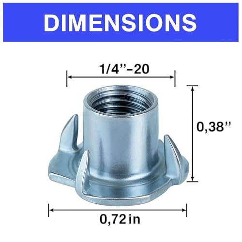 30PCS 1/4"-20 T-Nuts (5/16" Barrel) – Zinc-Plated Steel 4-Prong Tee Nuts for Wood, Cabinetry, Rock Climbing Holds – Indoor/Outdoor Rust-Resistant Threaded Inserts