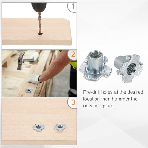 HARFINGTON M6x12mm T-Nuts 4 Pronged Tee Nut 0.69" x 0.47" Fully Thread Carbon Steel Inserts for Wood, Rock Climbing Holds, Cabinetry, Furniture 50pcs - size: M6x12mm