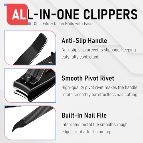 firiKer Nail Clippers Set, Heavy Duty Black Matte Stainless Steel Nail Clipper with Nail File,Fingernail and Toenail Clipper Cutters, Nail Clipper Tools Gift for Men & Women - color: Black