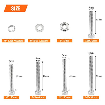 HELIFOUNER 110 Pieces M5 x 30mm /35mm /40mm /45mm /50mm, Hex Socket Head Cap Metric Screws Bolts Washers Nuts Kit, 304 Stainless Steel - size: M5 x 30/35/40/45/50mm