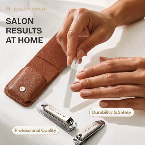 Beauty Power Nail Clippers Set 3 in 1 - Stainless Steel Toe Nail Clippers, Fingernail Clipper, Glass Nail File, Anti Splash, Ergonomic Grip in Brown PU Leather Travel Case for Men - Father's Day - color: Brown Case