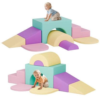 MU ‌Soft Climbing Toys for Toddlers, 7-Piece Baby Soft Foam Climbing Blocks, PU Leather Gym Climb and Crawl Activity Play Set, Indoor Climbing Toys for Kids and Children, Pink - color: Pink