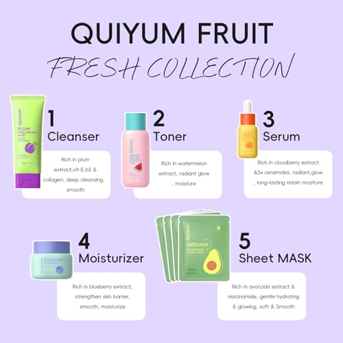 QUIYUM Fruit Skin Care Set for Dry Sensitive Skin, Natural Skincare Kit | Hyaluronic Acid & 5-Ceramide, Birthday Gifts for Women, Hydrating, Repairing, Gentle, Gift Sets - size: 11 Count (Pack of 1)