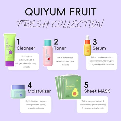 QUIYUM Fruit Skin Care Set for Dry Sensitive Skin, Natural Skincare Kit | Hyaluronic Acid & 5-Ceramide, Birthday Gifts for Women, Hydrating, Repairing, Gentle, Gift Sets - size: 11 Count (Pack of 1)