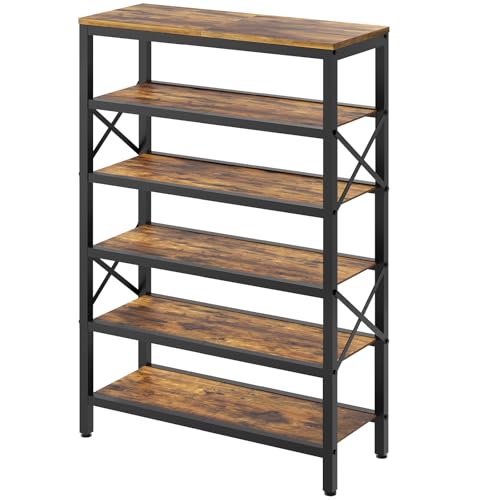 YATINEY 6-Tier Tall Shoe Rack Organizer, Wooden Shoe Storage for Closet Holds 24 Pairs, Sturdy Shoe Shelf with X-Shaped Metal Support, for Entryway, Bedroom, Rustic Brown and Black SS206BR - color: Rustic Brown + Black, size: 27.8" x 11" x 40.2"