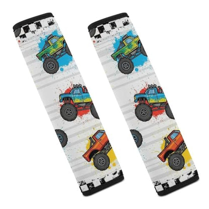 2 Pack Colorful Monster Truck Cartoon Trucks Checkered Car Seat Belt Pad Soft Padded Harness Pads Strap for Child, Car Seats Pushchair Strollers High Chair Pushchair, Anti-Slip Pad - color: Pattern 246