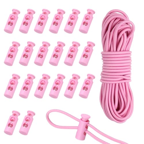 uxcell 20 Pcs Plastic Cord Locks & 16 ft Elastic Cord, Double-Hole Toggles for Drawstrings End Stopper Fastener Slider Toggles Clip for Shoelaces Backpacks Replacement, Pink - color: Pink