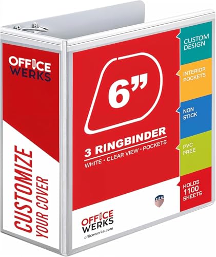 3 Ring Binders, 6 Inch D Ring Heavy Duty Large Binder with Pockets for 8.5" x 11" Sheet Size, Durable Non-Stick Customizable Clear View Cover (White) - color: White, size: 6 Inch (1 Pack)