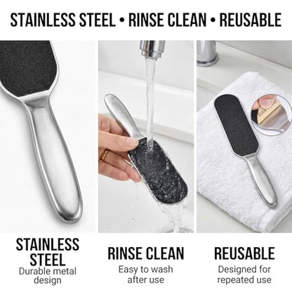Stainless Foot File Callus Remover for Cracked Heels & Dead Skin — Pedicure Rasp with 10 Replacement Pads & 2 Exfoliating Foot Masks, Sandal Season Foot Care Kit (3in1 Set)