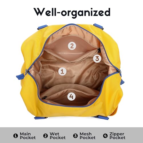SUNNY BIRD Duffel with Utility Pouch, 40L Weekender Overnight Bag with Shoe Compartment for Travel and Sports (Yellow and blue) - color: Yellow and blue