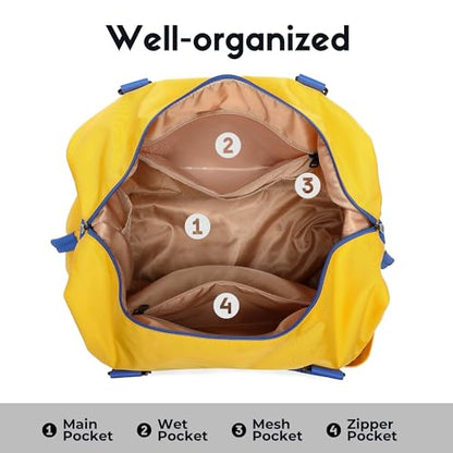 SUNNY BIRD Duffel with Utility Pouch, 40L Weekender Overnight Bag with Shoe Compartment for Travel and Sports (Yellow and blue) - color: Yellow and blue