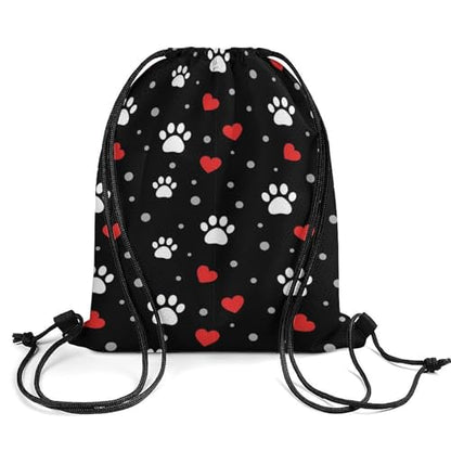 Swimming Drawstring Sack Waterproof Gym Backpack for Beach Sports Yoga Gear, Lightweight Unisex, Paw Prints And Hearts On Black Bags - color: Picture (31)