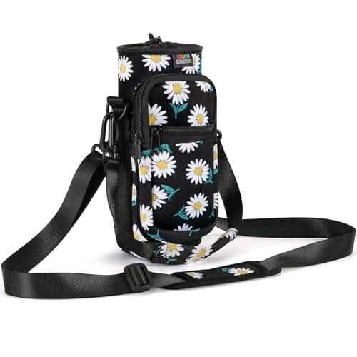 Nuovoware Water Bottle Carrier Bag, 25oz/32oz Bottle Pouch Holder, Adjustable Shoulder Hand Strap 2 Pocket Sling Neoprene Sleeve Sports Accessories for Hiking Travelling Camping, BlackDaisy - color: Blackdaisy, size: 25-32 Ounces - Standard