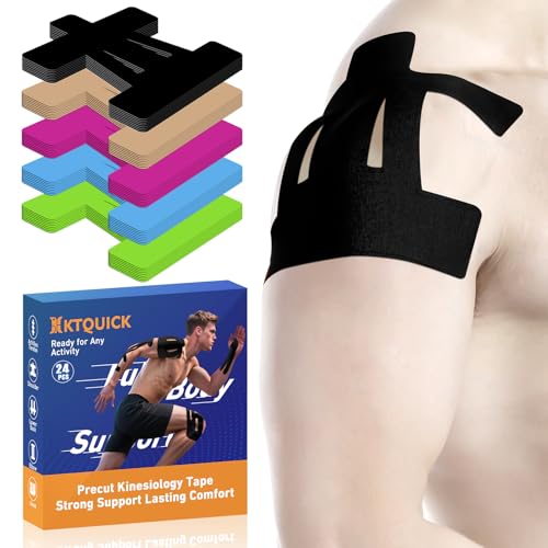 KTQUICK Precut Kinesiology Tape for Shoulder, 24 PCS, 20% Stronger Adhesive | Black, Precut Shoulder Support Tape with Premium Cotton, Breathable, Waterproof, Latex-Free Athletic Tape for Training&Sports - color: Black, size: 24PCS