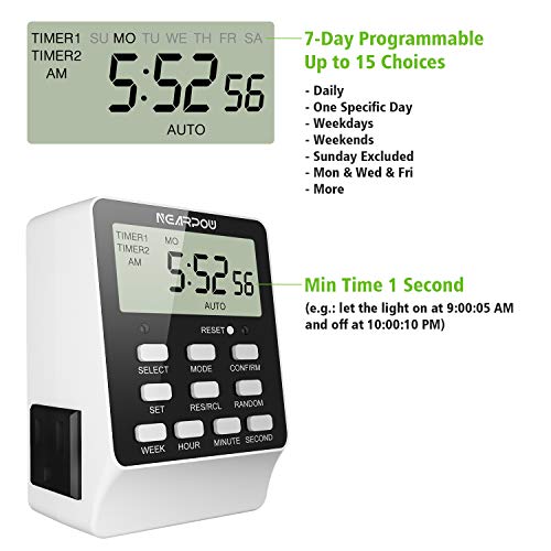 Outlet Timer, NEARPOW Dual Digital Light Timer with 2 Independently-controlled Outlets, 18 ON/OFF Programs, 24-Hour and 7-Day Programmable,Indoor Heavy Duty Electrical Timer Switch, 3 Prong, 15A/1800W | 18 ON/OFF Programs, 24-Hour Weekly Heavy Duty 15A/18