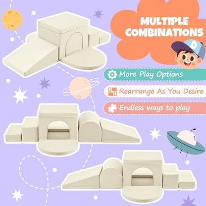 Merax Indoor Soft Foam Tunnel Climber, Toddler Climbing Toys with Tunnel, Steps and Ramp, Soft Climb and Crawl Playset Baby Soft Foam Blocks, 7-piece - color: Pastel Cream