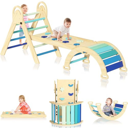 Pikler Triangle Set, Montessori Climbing Set, Baby Climbing Playset Toys Indoor, Jungle Gyms for Toddlers Ages 1-4, Toddler Climbing Playground (Blue-Nature) - color: Nature-blue