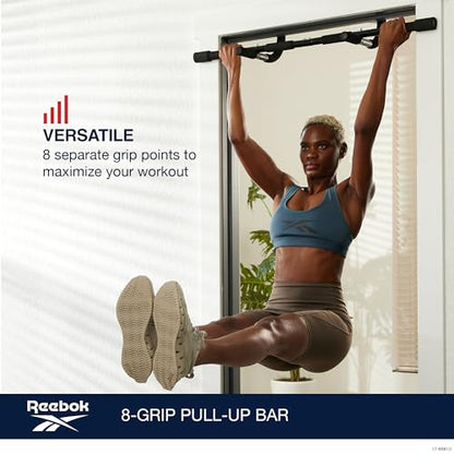 Reebok 8-Grip Pull-Up Bar, Multi-Function Door Frame | Door-Mount Pull-Up Bar | 8 Grip Positions | Foam-Padded Handles | Upper Body Strength | No Installation Required