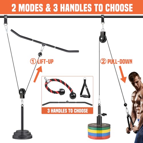 SERTT Cable Pulley System Gym, Power Rack Pulley Attachment with 2-in-1 LAT Pull Down Bar and Upgraded Loading Pin,Used for Triceps Pulldown, Biceps, Back, Shoulder - color: with Nylon Pulley