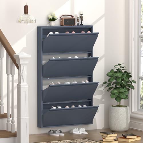 GREATMEET Shoe Cabinet with 4 Flip Drawers, Slim Metal Shoe Cabinet Storage for Entryway, Hidden Narrow Shoe Rack Organizer Cabinets Wall Mount for Living Room, Bedroom, Hallway, Blue - color: Blue, size: 4 Flip Drawers