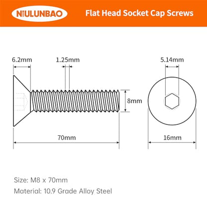 M8-1.25 x 70mm Flat Head Hex Socket Cap Screws Countersunk Bolts, 10.9 Grade Alloy Steel, Black Oxide Finish, Allen Hex Drive, Metric Fully Threaded, 10PCS - size: M8-1.25 x 70mm(10PCS)