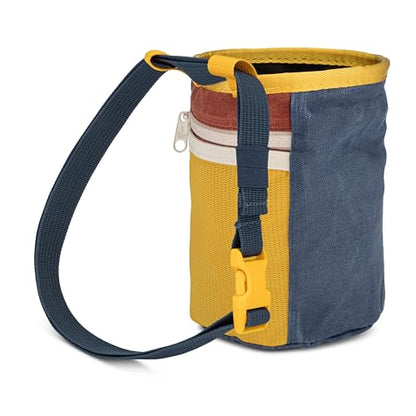 Oso Supply Co - Waxed Canvas Chalk Bag - Zipper Pocket & Mesh Pouch for Bouldering, Rock Climbing, Gym, Weightlifting – Water-Resistant, Adjustable Belt, Wide Opening - color: Canyon Red / Denim Blue / Gold