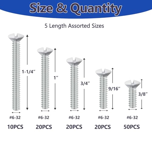 120 pcs Wall Plate Screws, White Outlet Screws 6-32 Thread Light Electrical Cover Panel Switch Plate Screws 5 Length Sizes (3/8", 9/16", 3/4", 1", 1.2") - color: White, size: 3/8", 9/16", 3/4", 1", 1.2"