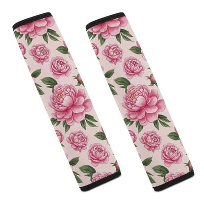 2PCS Floral Peony Pink Flower Green Leaves Seat Belt Cover Soft Padded Neck Strap Covers for Kids, All Vehicles, Comfortable Driving - color: Pattern 407