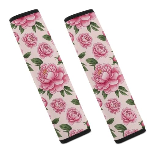 2PCS Floral Peony Pink Flower Green Leaves Seat Belt Cover Soft Padded Neck Strap Covers for Kids, All Vehicles, Comfortable Driving - color: Pattern 407