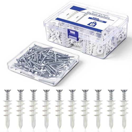 200 Pcs #8 Self Drilling Drywall Anchors and Screws Kit, 100 Anchors, 100 Screws with Organizer Box, Heavy Duty 80 LBS, No Drill Holes Required for Hanging TVs, Mirrors, Picture Frames, Shelves(White) - color: White