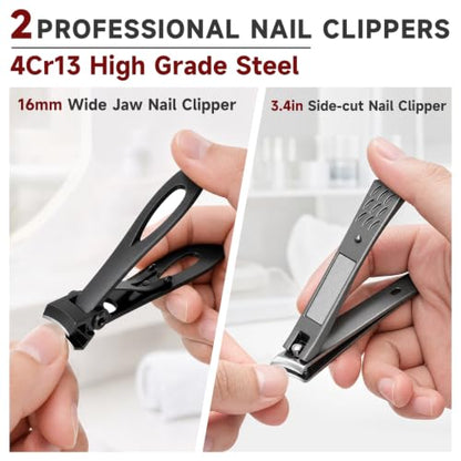 10Pcs Nail Clippers Set for Seniors, Ingrown Thick Toenail Clipper Manicure Kit for Men, Heavy Duty Wide Jaw and Slanted Nail Cutter with Nail Tool Kits, Manicure Set with Leather Travel Case for Gift