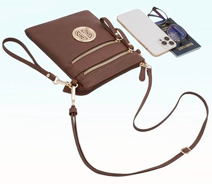 Solene Small Multi Zipper Pockets Crossbody Bag with Detachable Wristlet - color: Coffee