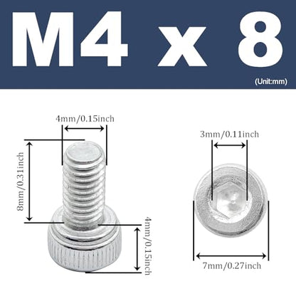 M4 x 8mm Hex Socket Head Cap Screws Bolts,6063 Aluminum Alloy Socket Head Cap Bolt Fasteners,Silver(20Pcs) - size: M4 x 8mm
