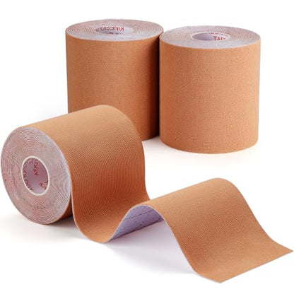 3 Rolls Kinesiology Tape, Waterproof, 3in x 5.5yd, Beige | Waterproof & Sweat-Resistant, Breathable Latex-Free Cotton, For Shoulder, Knee, Fit Sports, Workouts & Active Training - color: Beige 3in