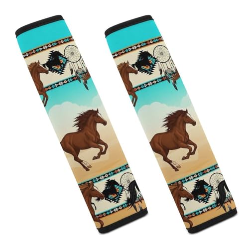 2PCS Breathable Seat Belt Cover for Adults and Children, Most Cars, Ethic Tribal Western Horses Aztec Shoulder Harness Cover, Shock Absorption - color: Pattern 160