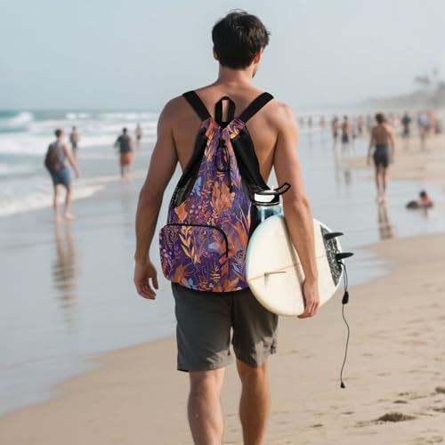 Drawstring Bags Climbing Gym Bag With Water Bottle Pocket String Bag For School Waterproof Colorful Leaves Pattern Print Art