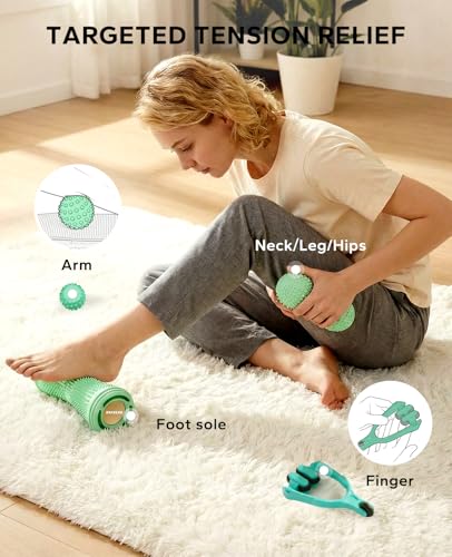 HAPBEAR Massage Ball Set (4 Piece) – Foot Roller, Peanut Ball, Spiky Release Balls, Finger Massager – Deep Tissue & Myofascial Release Kit for Muscle Soreness & Tension – Hot & Cold, with Storage Bag