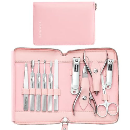 FAMILIFE Manicure Set Professional Manicure Kit Nail Kit - 11PCS Gifts for Her Nail Clippers for Women Stainless Steel Pedicure Sets Pink Leather Case - color: Pink