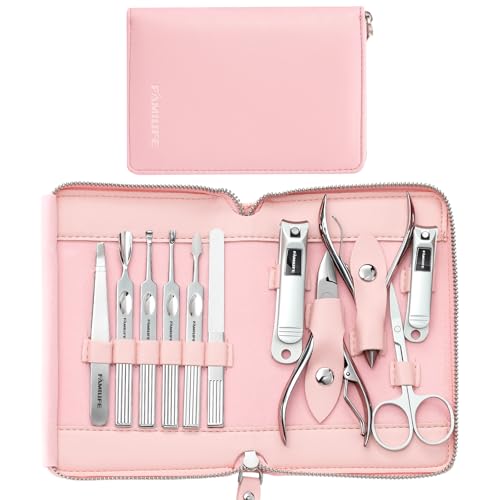 FAMILIFE Manicure Set Professional Manicure Kit Nail Kit - 11PCS Gifts for Her Nail Clippers for Women Stainless Steel Pedicure Sets Pink Leather Case - color: Pink