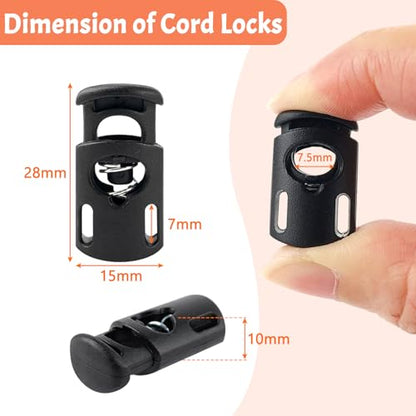 10-Pack Spring Cord Locks for Drawstring, Dual-Hole Plastic Toggle Stopper Clips Shoe lace Locks, Hoodies Sweatpants Bags Accessories, Black