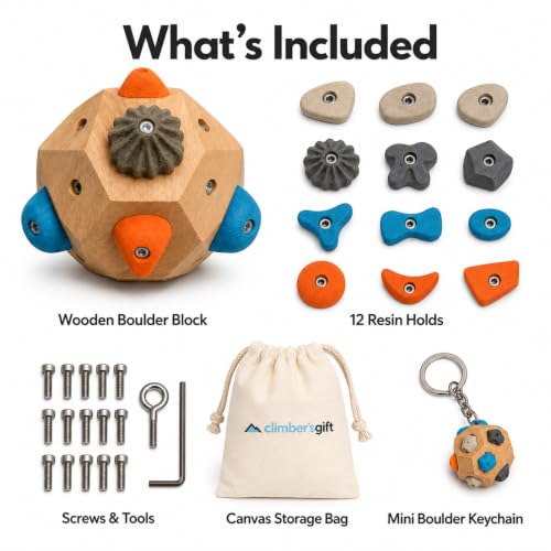 Climber's Gift Wooden Boulder Block Grip Trainer with 12 Resin Holds | Customizable Hold Layout, Portable & Handheld, Includes Canvas Bag, Mini Boulder Keychain, Screws & Tools Included